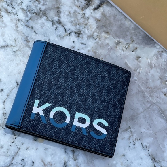Michael Kors Cooper Blue Multi Signature Leather Graphic Logo Billfold Wallet - Picture 2 of 6